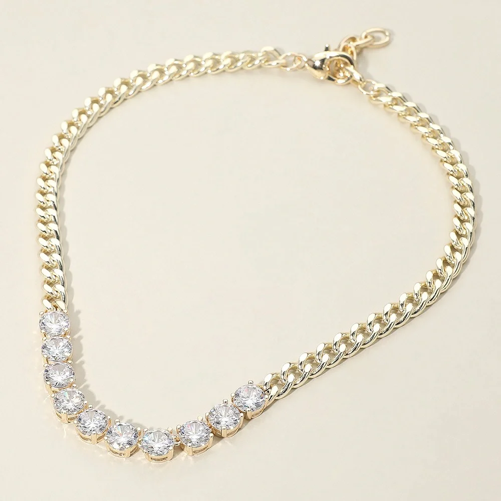14K Gold Plated Round-Cut Solitaire CZ Stone Link Necklace